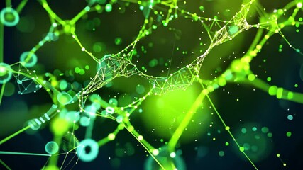 Fototapete - This visual showcases a dynamic arrangement of green molecular formations intertwined with luminous particles, illustrating a vibrant scientific concept.