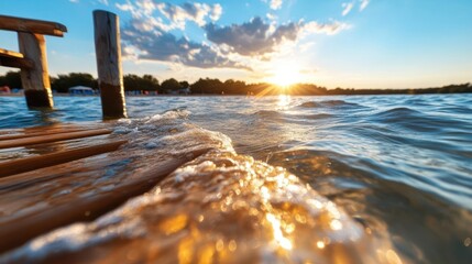 Aufkleber - Wooden Pier Over Calm Lake Water At Sunset With Golden Sunlight And Blue Cloudy Sky