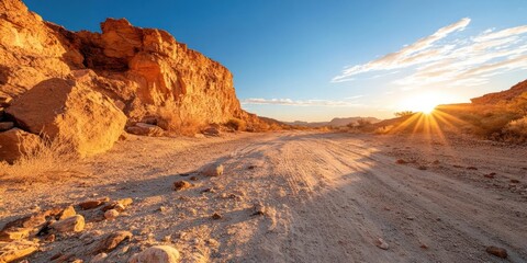 Aufkleber - Sunlit Desert Landscape With Rock Formations and Gravel Path Under Blue Sky and Bright Sunlight