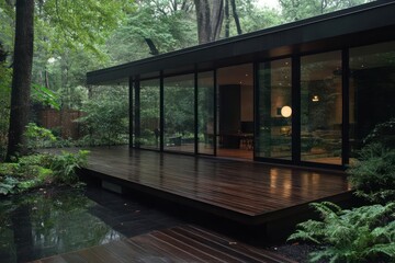 Poster - Modern Glass House In Green Forest With Wooden Deck Under Rainy Sky Featuring Water Reflection And Interior View