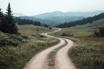 Poster - Winding Dirt Road Through a Lush Green Valley with Wildflowers Under Overcast Sky