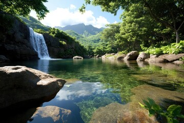 Poster - Waterfall Cascading Into Tranquil Pool Reflecting Lush Greenery And Mountainous Landscape Under Sunlight