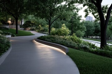 Poster - Curving Cement Pathway in Green Park Illuminated by Warm Lighting and Bordered by Lush Greenery
