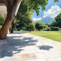 Poster - Watercolor View Of A Park With Trees Pathways And Distant Mountain Under Blue Sky