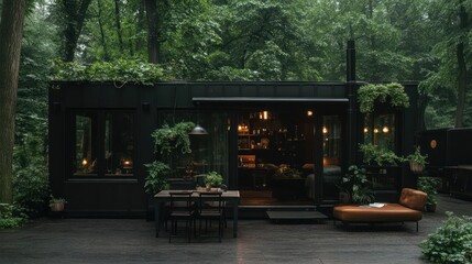 Aufkleber - Modern Cabin Exterior with Large Windows and Warm Lighting in Lush Green Forest on Rainy Day