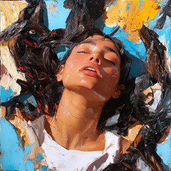Poster - Woman With Closed Eyes Lying On Blue Surface With Abstract Brush Strokes