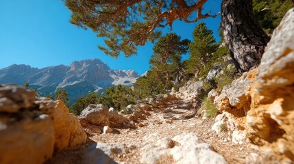 Poster - Rocky Hiking Trail Leading To Mountain Peaks Beneath Clear Blue Sky Framed By Tree Branches