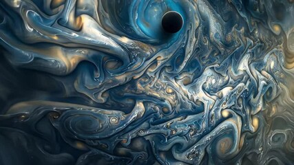 Poster - A mesmerizing cosmic landscape showcases swirling patterns of blues and golds, accented by a single dark planet drifting within the vastness of space.