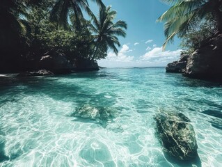 Aufkleber - Lush Tropical Lagoon with Turquoise Waters and Palm Trees Under a Bright Blue Sky