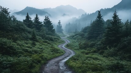 Fototapete - Winding Dirt Path Through Foggy Forest Landscape With Green Foliage And Mountain Background