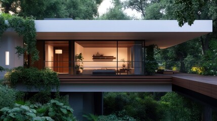 Aufkleber - Modern Architecture with a Glass Facade and Wooden Accents in a Lush Green Environment with Natural Light