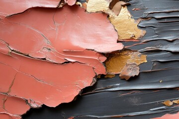 Poster - Close Up View Of Peeling Paint Showing Layers Of Red Gold And Black Textures With Horizontal And Diagonal Lines