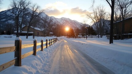 Fototapete - Snow Covered Pathway Leading To Mountainous Landscape During Sunset Golden Hour Lighting Scene