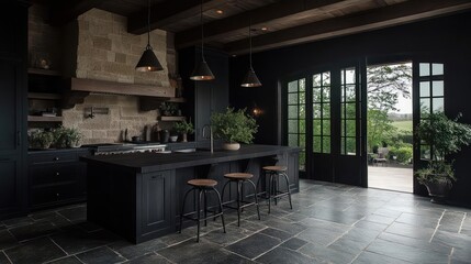Fototapete - Luxurious Kitchen Interior With Dark Cabinetry Stone Wall Glass Door And Green Garden View