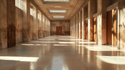 Fototapete - Long Corridor With Symmetrical Architecture Sunlight Streaming Through Rectangular Skylights Creating Shadows on Stone Walls and Wooden Doors