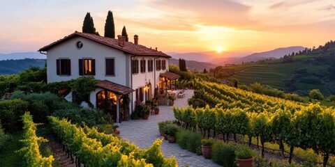 Aufkleber - Italian Villa At Sunset With Vineyard And Rolling Hills Under Warm Orange Sky