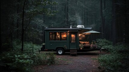 Aufkleber - Tiny House Trailer In Lush Green Forest At Twilight With Interior Lights Glowing