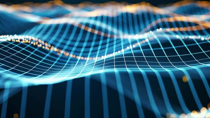 Poster - A vibrant digital landscape displays undulating waves formed by interconnected lines and glowing particles, emphasizing data flow and technology as key elements.