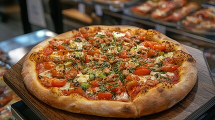 Poster - Freshly baked pizza with golden crust and vibrant toppings displayed on wooden tray in grocery store setting