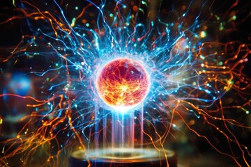 Poster - Dynamic energy sphere with colorful plasma streams in a dark environment