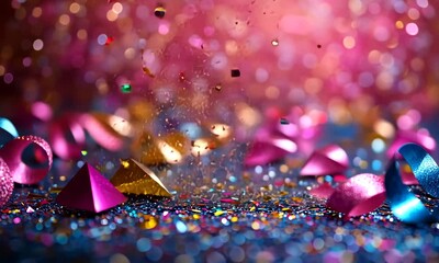Poster - Festive bokeh background with colorful confetti and ribbons for celebration events