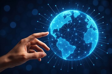 Fototapete - Global Connectivity: A human hand reaches out to interact with a glowing, digital representation of Earth, symbolizing interconnectedness. The image conveys innovation, technology, and the future.