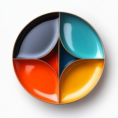 Fototapete - Abstract Round Dish Divided into Quarters with Colors of Gray, Blue, Red and Yellow with a Gold Border on a White Background