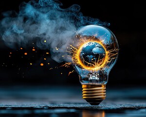 Poster - Floating Lightbulb Surrounded by Smoke Creating a Surreal Atmosphere with a Glowing Earth Inside, Captured in Gigapixel Detail