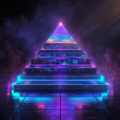 Aufkleber - Neon Ascent: A Glowing Pyramid Stairway in a Smoky, Futuristic Landscape of Purple and Blue Hues
