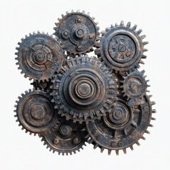 Poster - Rusted Gears Interlocked: A Macro View of Industrial Mechanical Components, Revealing Age and Wear