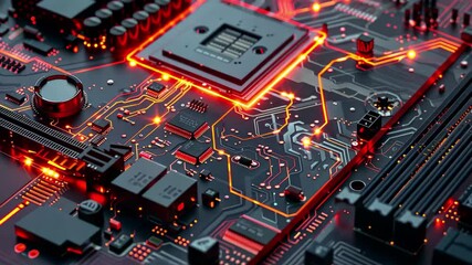 Poster - A detailed circuit board is illuminated by vibrant orange pathways, highlighting the complexity of electronic components and the cutting-edge technology involved.