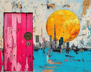 Poster - Vibrant Artistic Collage of Cityscapes Featuring a Pink Door and Bold Yellow Sun Over a Colorful Background