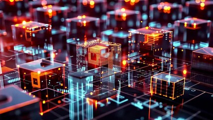Poster - A vibrant display features interconnected digital cubes illuminated by warm light, surrounded by intricate circuits in a high-tech setting during nighttime.