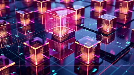 Poster - Futuristic digital blocks illuminated in vibrant colors sit on a complex grid, showcasing a blend of technology and abstract design set against a dark background.
