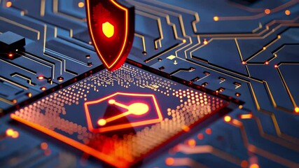 Poster - A microchip featuring a shield icon symbolizes cybersecurity, illuminated by vibrant circuit board lights that highlight technological advancements.