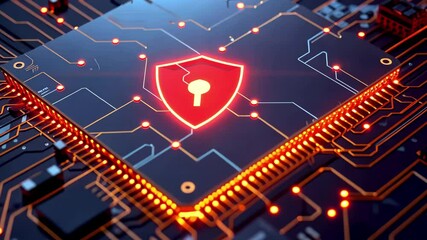 Poster - The intricate design of a computer circuit board features a central glowing security symbol, highlighting the focus on cybersecurity and technology innovation in a high-tech environment.