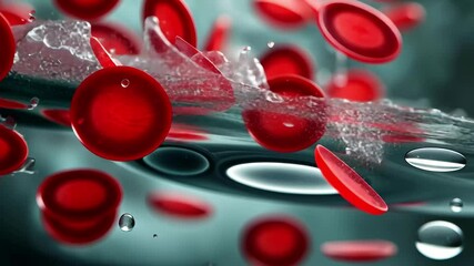 Poster - Red blood cells are depicted suspended in water, creating dynamic ripples and shimmering reflections, emphasizing the beauty of biological processes and fluid movement.