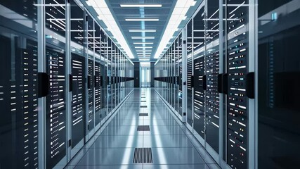 Poster - The interior of a contemporary server room features numerous data storage racks lined up in neat rows, all illuminated by bright overhead lights.