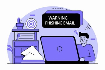 Poster - A person sits at a desk, staring at a laptop screen that displays a warning about phishing emails, surrounded by a simple office setting.