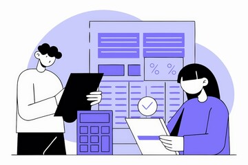 Poster - A digital illustration of two individuals analyzing financial documents and data, with a calculator and charts displayed in the background.
