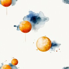 Poster - Abstract Watercolor Orbs and Splashes: A whimsical, abstract pattern features vibrant orange orbs and flowing blue watercolor splashes, creating a sense of artistic fluidity.