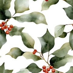 Poster - Botanical Elegance: Seamless Pattern of lush green leaves and vibrant red berries, evoking a sense of natural beauty and timeless style. 