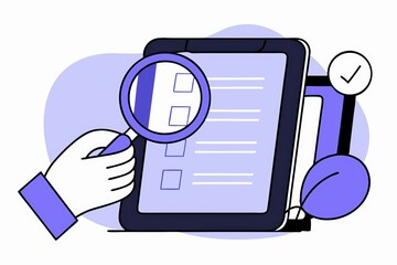 Poster - A hand holding a magnifying glass examines a digital checklist on a tablet, symbolizing thorough review and attention to detail.