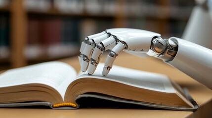 Poster - Robotic Hand Reading Book: Futuristic robotic hand interacts with a book, symbolizing the intersection of technology and knowledge within the classic library setting.