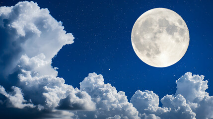 Wall Mural - celestial serenity: witness the breathtaking sight of a full moon in a starlit sky, cradled by puffy