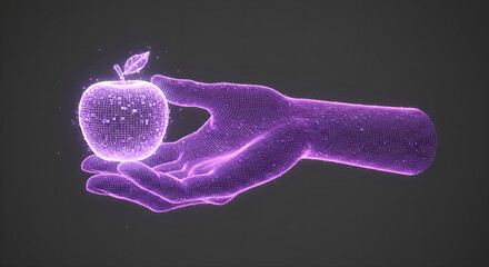 Poster - Wireframe hand in cyber space presenting digital apple fruit. Futuristic technology and artificial intelligence concept for digital transformation and innovation