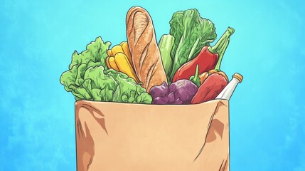 Poster - Brown paper grocery bag filled with fresh produce, baguette, and milk against a solid bright background