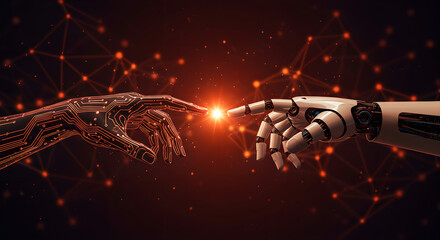 Poster - Robotic hands reaching for each other with circuit details suggesting technology, artificial intelligence, and futuristic design for modern innovation concept