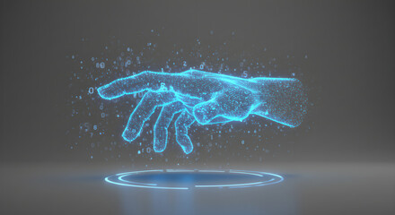 Poster - Digital hand touching virtual display with numbers. Conceptual metaverse future technology connection with abstract particles for business hologram presentation.