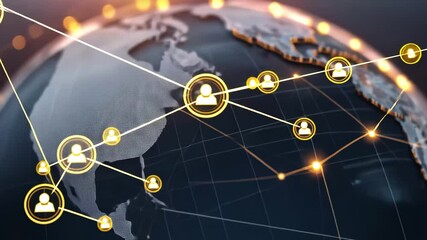 Poster - A detailed representation of a globe with illuminated network lines linking countries, symbolizing global connectivity at dusk.